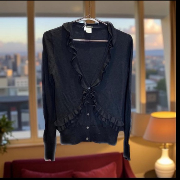 J. Crew Black wool with Ruffles from and back cardigan Size medium - Picture 9 of 11